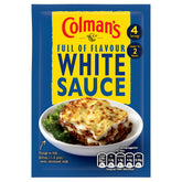 Colman's White Sauce 40g features a lasagna serving suggestion and nutritional info on the front. Ideal for making a creamy sauce to enhance your favorite dishes.